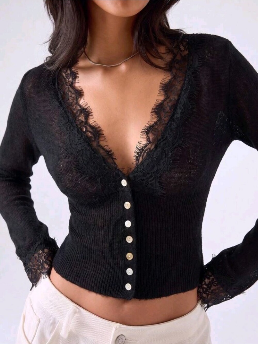 Women's Elegant Romantic Sexy Solid Color Lace Patchwork Thin Cardigan Dinner